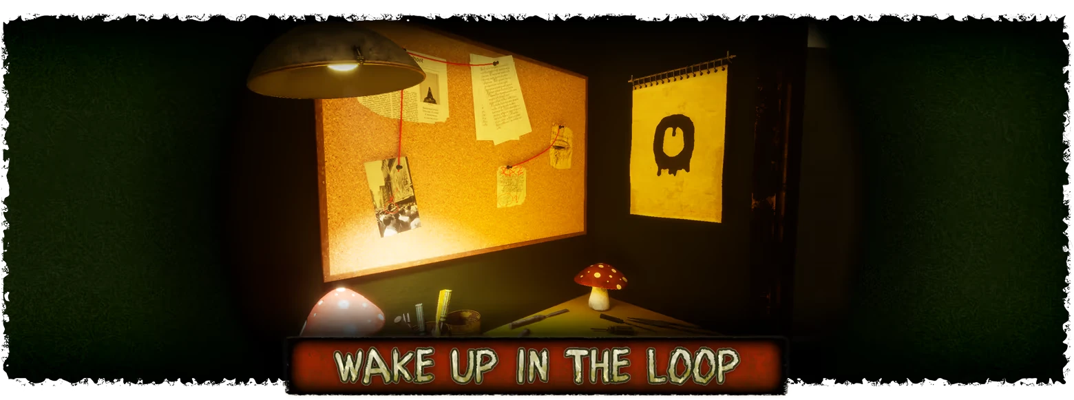 11 Trials of Raz: Corkboard clues above desk; banner reads WAKE UP IN THE LOOP.