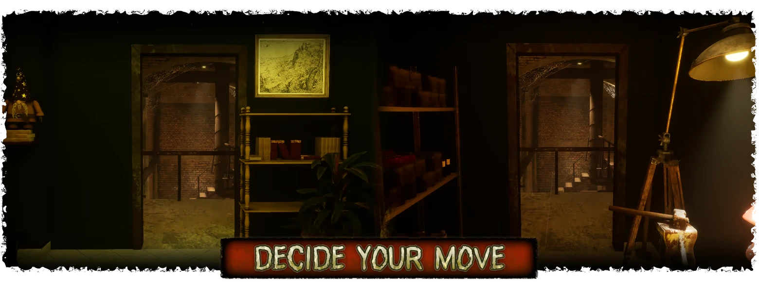 11 Trials of Raz: Two doorways, shelves, and “DECIDE YOUR MOVE” red banner UI at bottom.