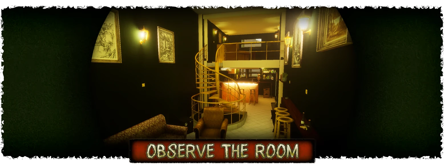 11 Trials of Raz: Dim lounge with spiral stairs and banner text “OBSERVE THE ROOM”.