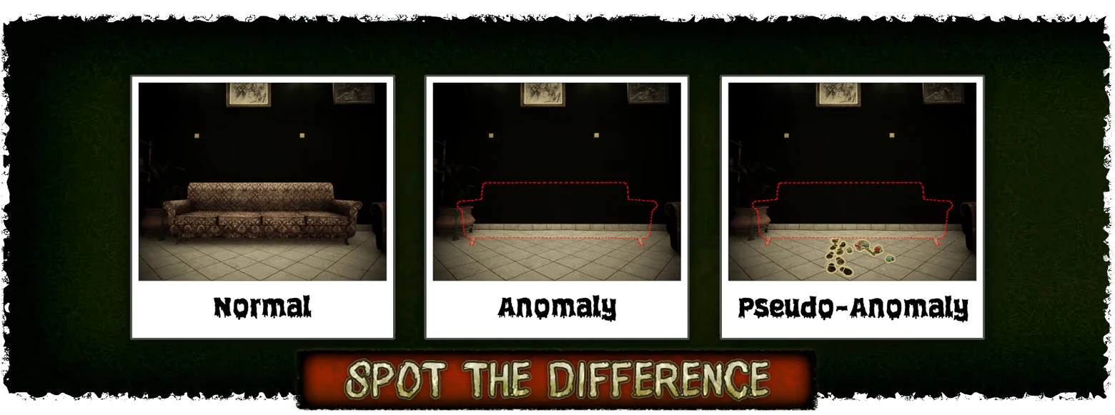 11 Trials of Raz: Three sofa photos labeled Normal, Anomaly, Pseudo-Anomaly; Spot the Difference text.