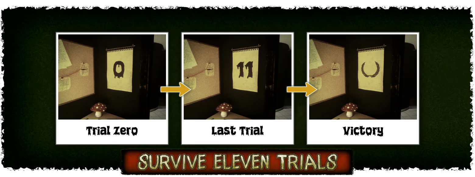 11 Trials of Raz: Three panels labeled Trial Zero, Last Trial, Victory; “SURVIVE ELEVEN TRIALS”.