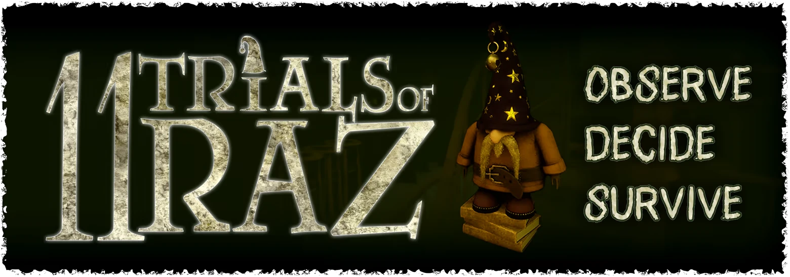 11 Trials of Raz: Title text and wizard doll; words “OBSERVE DECIDE SURVIVE”.