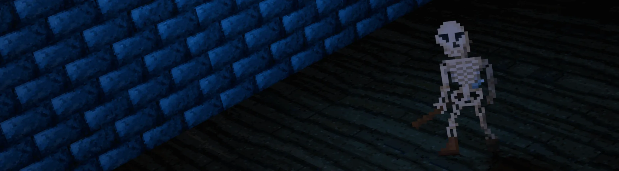 2 Bows 1 Arrow: A pixelated skeleton with a club stands by a blue brick wall in dim lighting.