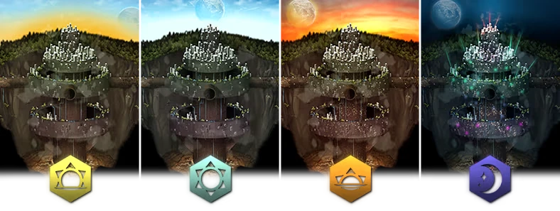 5th ERA: Four city towers in different lighting with hexagonal symbols below each.