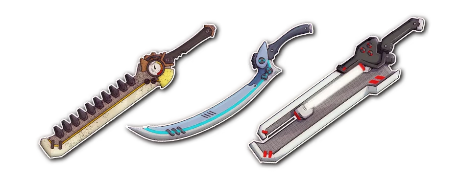 5th ERA: Three futuristic swords; one with gears, one curved with blue accents, one with red buttons.