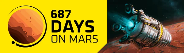 687 Days on Mars: Yellow background, Mars icon, bold text, spacecraft above Martian surface.