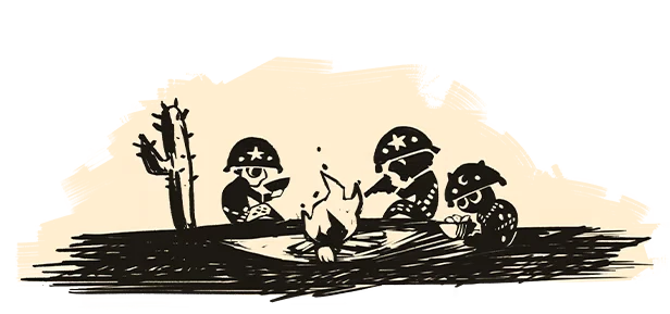 Campfire Cangaceiros – A Cat in the Cangaço A Cat in the Cangaço: Three bandits by a campfire beside a cactus, sketch art.