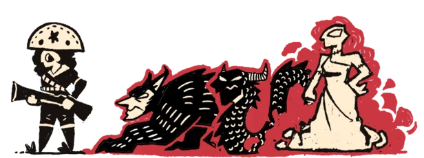 Monster Silhouettes – A Cat in the Cangaço A Cat in the Cangaço: Black-and-white figures and beasts on red, inked backdrop.