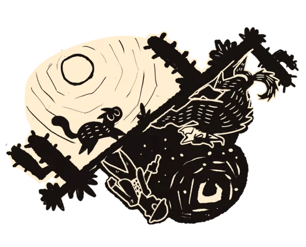 Moonlit Cat Bird – A Cat in the Cangaço A Cat in the Cangaço: Black-and-cream art of a cat, moon, bird, and cactus silhouettes.