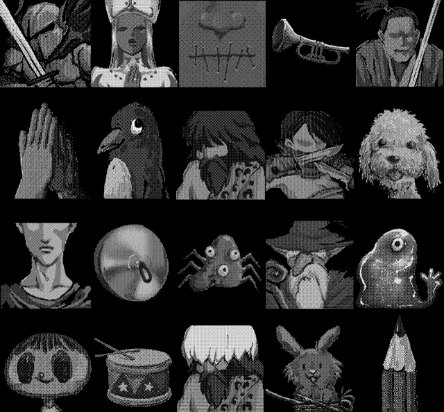 a Dogs Dream: Grayscale collage of faces, animals, hands, trumpet, spider, and rabbit.