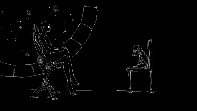 a Dogs Dream: White line art of seated figure facing a dog on a chair, black background.
