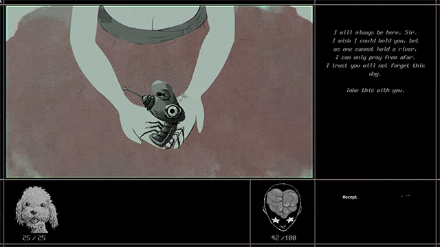 a Dogs Dream: Hands hold a toy gun; right panel shows white text and “Accept” button.