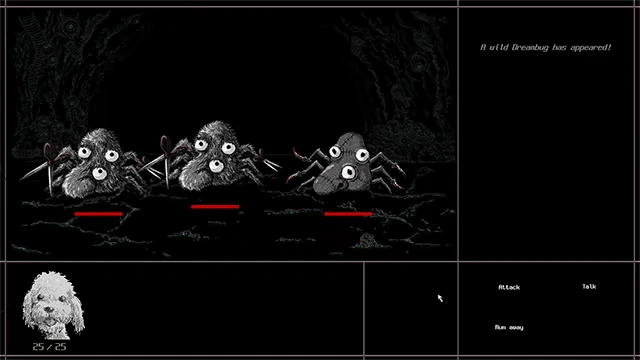 a Dogs Dream: Three bug-eyed spiders, red bars, dog portrait 25/25, Attack/Talk/Run away.