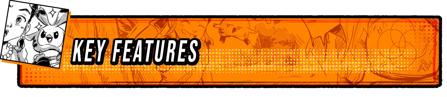 A Fighter’s Nova: Orange banner with bold “KEY FEATURES” text and manga sketches background.