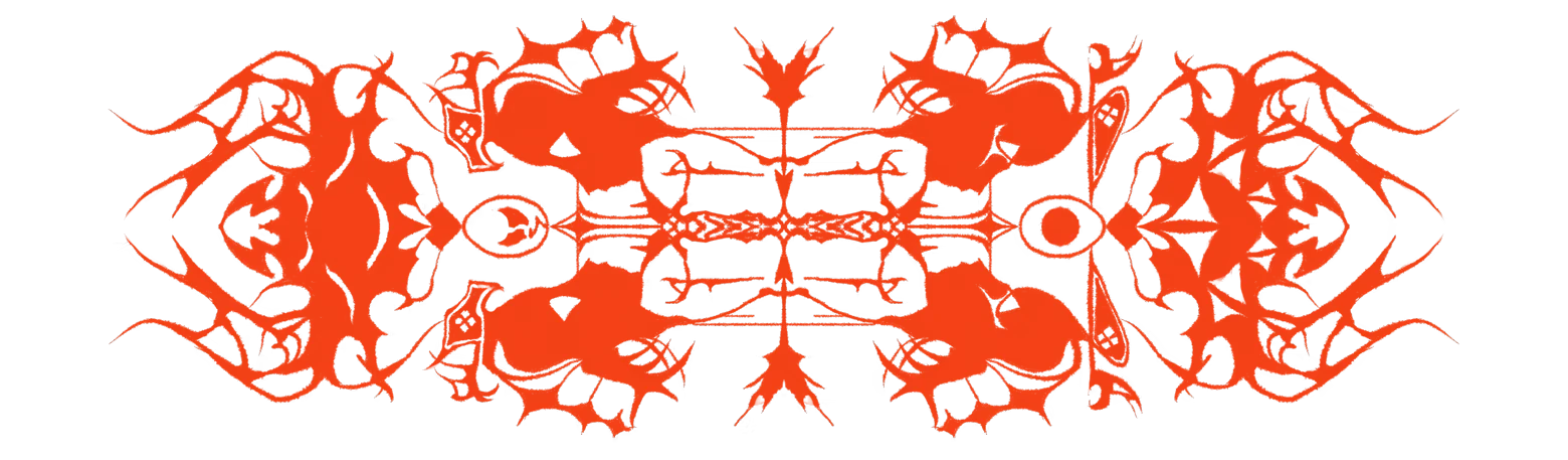 Ornate Sigil – A Passing in the Night A Passing in the Night: Red symmetrical thorny sigil with circles on black background.