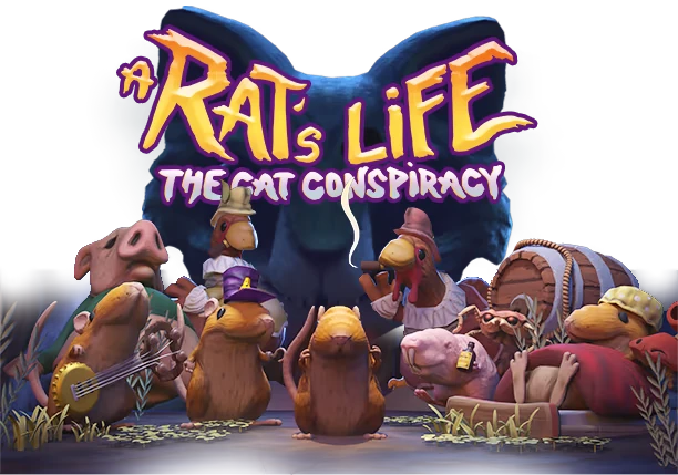 A Rat's Life: Cartoon rats in hats and costumes gather under a neon title, "The Cat Conspiracy."