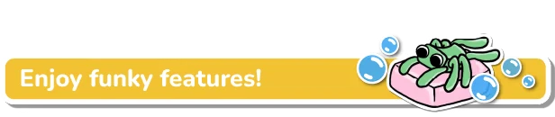 Funky Spider Fun – A Webbing Journey A Webbing Journey: Green cartoon spider on pink soap with bubbles, yellow banner reads "Enjoy funky features!"