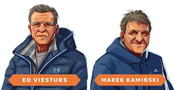 Character Portraits – Above the Snow Above the Snow: Two men in blue parkas with orange nameplates: Ed Viesturs, Marek Kamiński.