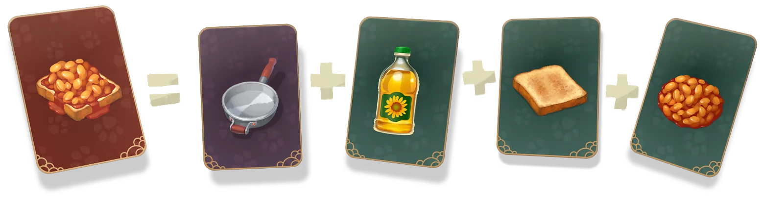 Abra-Cooking-Dabra: Five cards show beans on toast, a pan, oil, toast, and baked beans.