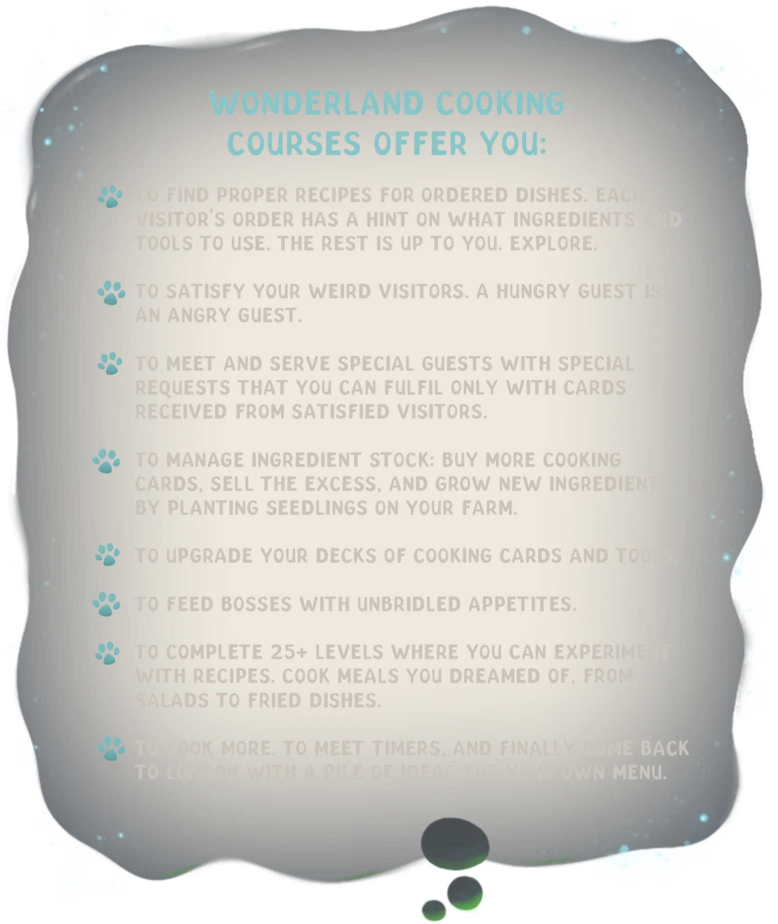 Abra-Cooking-Dabra: Text on parchment lists cooking course features with paw print icons.