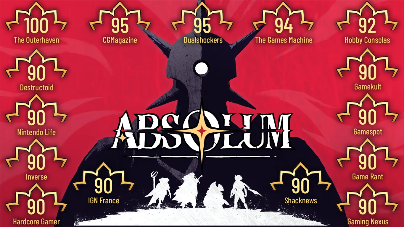 Absolum: Red background, game logo with star, character silhouettes, and review scores in gold.
