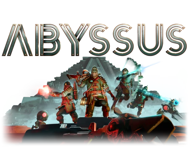 Abyssus: Five armored characters wield glowing weapons, standing before a pyramid structure.