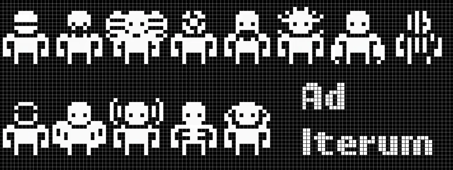 Body Augmentations – Ad Iterum Ad Iterum: White pixel humanoid icons on black grid, with dotted text “Ad Iterum”.