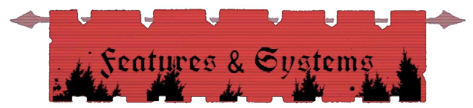 Features Systems – Ad Iterum Ad Iterum: Red banner with black gothic text “Features & Systems” and silhouettes.