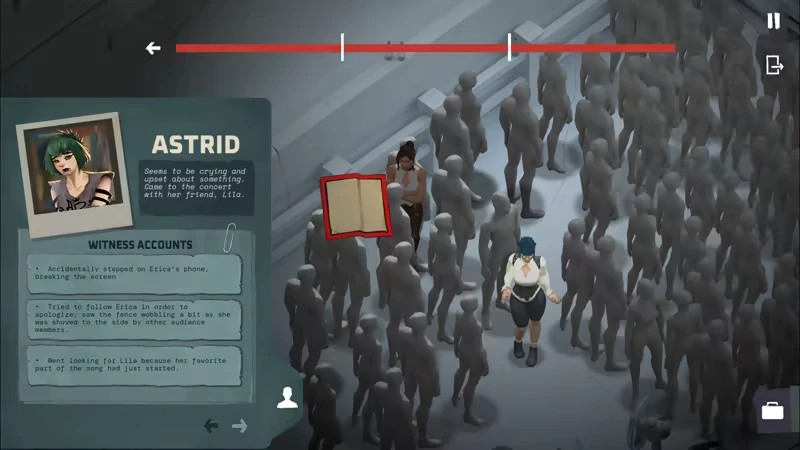 Astrid Witness Accounts – Ad Memoriam Ad Memoriam: Astrid witness accounts panel beside a crowd scene with red book icon.