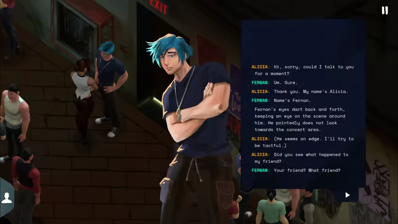 Ad Memoriam: Blue-haired man with crossed arms beside dialogue box, EXIT sign above.
