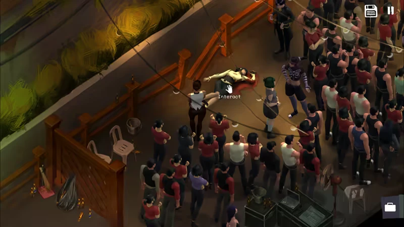 Ad Memoriam: Crowd surrounds a body in blood; “Interact” prompt and pause icons visible.