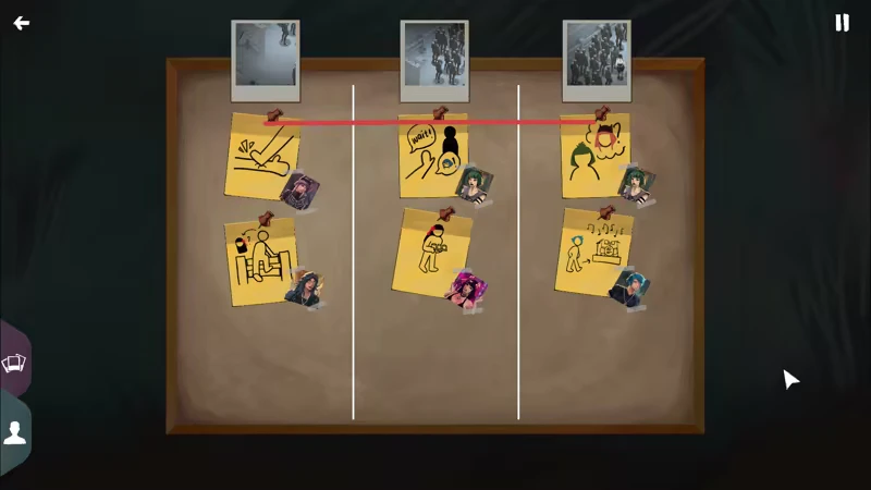 Ad Memoriam: Corkboard with photos and yellow notes linked by a red string, pause icon.