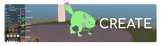 Adapt: A green creature with pink accents stands near water; UI shows stats and "CREATE" text.
