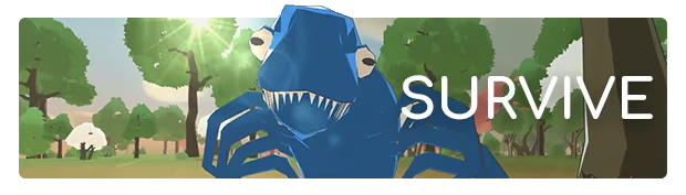 Adapt: A blue creature with sharp teeth stands in a forest, with "SURVIVE" in bold white text.