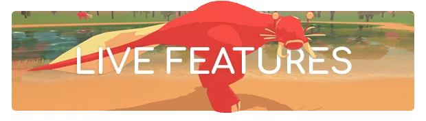 Red Lizard Runner – Adapt Adapt: White “LIVE FEATURES” text over red creature running by a lake shore.