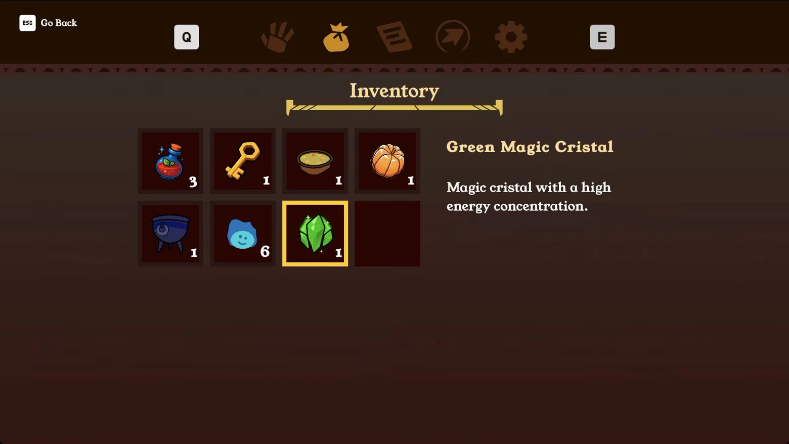 Green Crystal Inventory – Adventure in Hender´s Castle Adventure in Hender´s Castle: Inventory menu with Green Magic Cristal description and item grid.