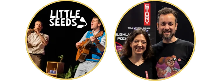 Adventures of a Cat in Space: Two musicians perform with instruments; text reads "LITTLE SEEDS."