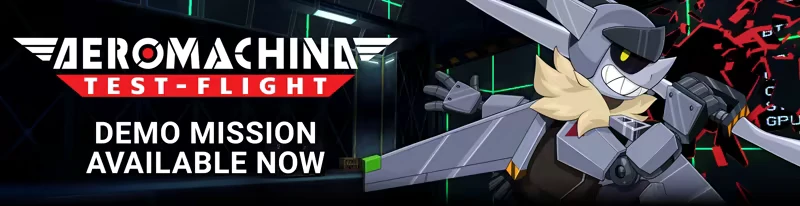 AEROMACHINA: Logo and “DEMO MISSION AVAILABLE NOW” beside a sword-wielding robot.