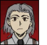 Character Portrait – Aether Singularity Aether Singularity: Pixel art character with gray hair, neutral expression, red background.