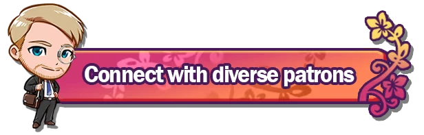 Afterglow Bytes: Blond chibi man beside banner reading “Connect with diverse patrons”.