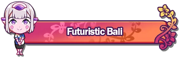 Afterglow Bytes: Chibi white-haired girl beside orange banner reading “Futuristic Bali”.