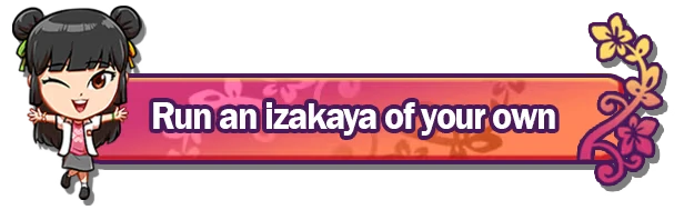 Afterglow Bytes: Winking chibi girl beside banner text “Run an izakaya of your own”.