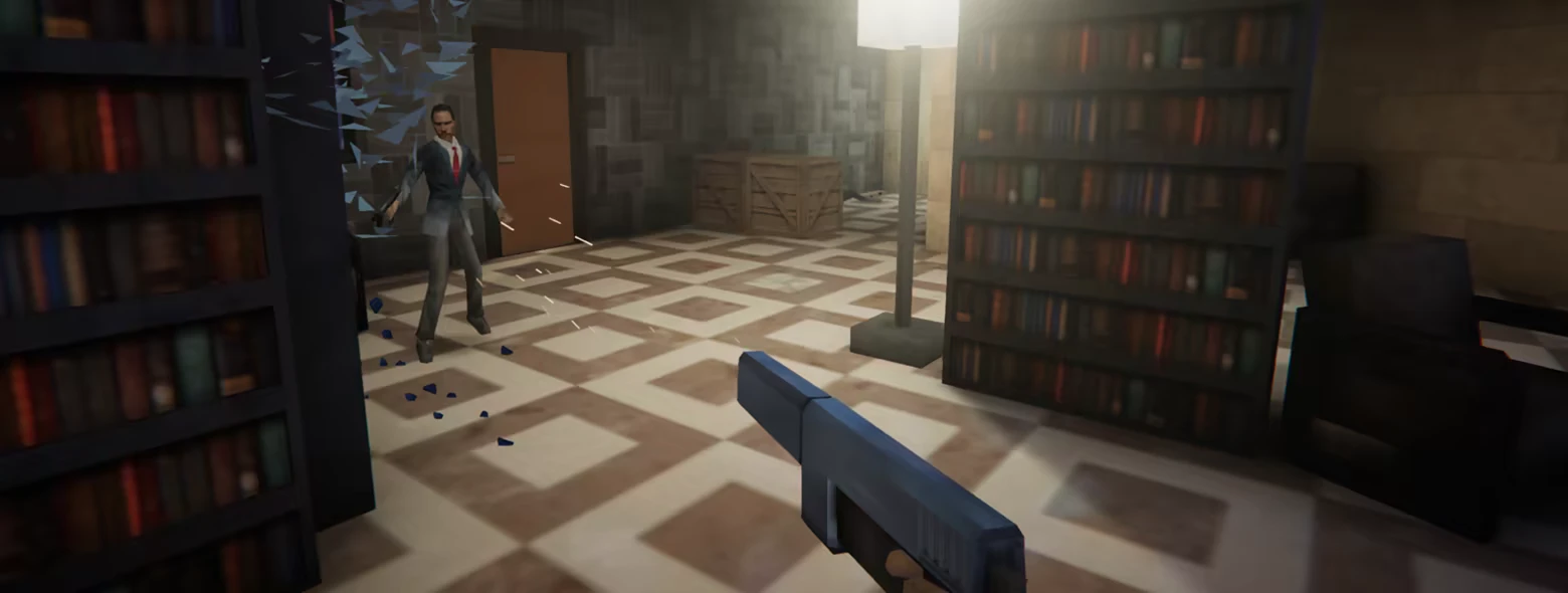 Bookcase Shootout – Agent 64: Spies Never Die Agent 64: A suited enemy bursts through glass in a library, gun aimed, with a pistol in view.