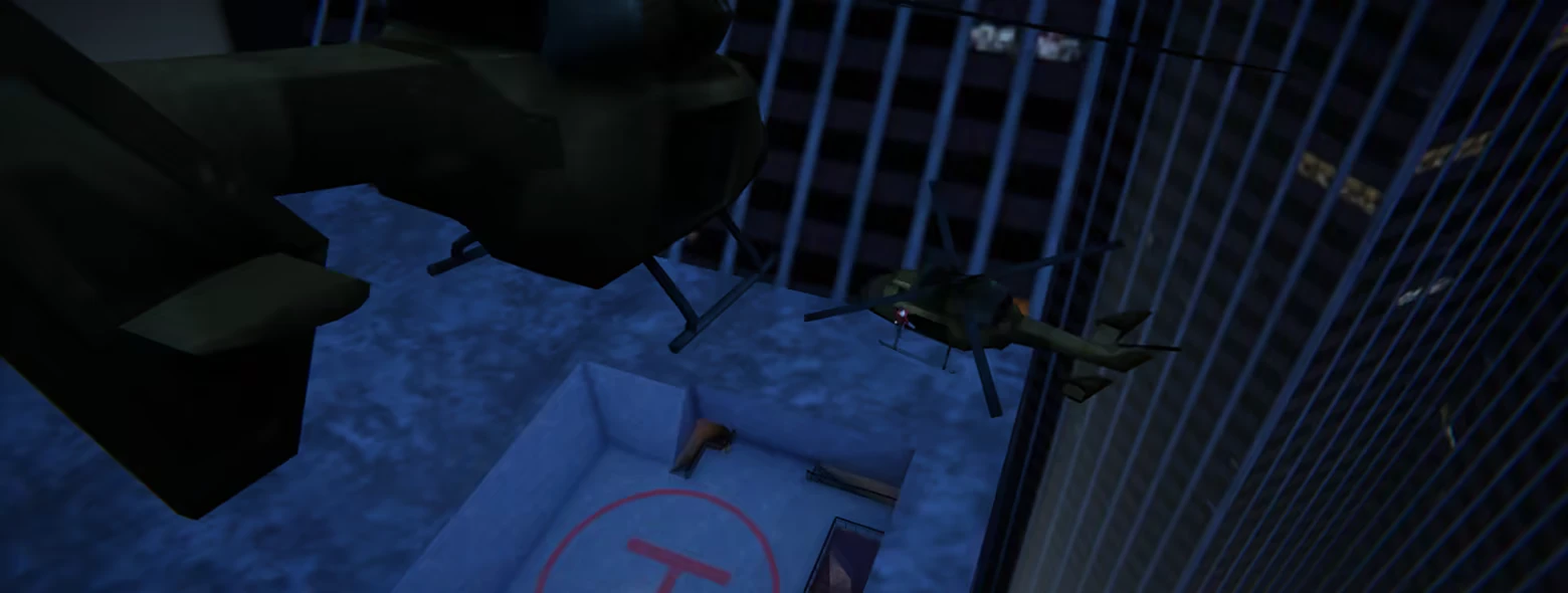Helicopter Rooftop – Agent 64: Spies Never Die Agent 64: Two helicopters hover over a rooftop helipad marked with a red "H" at night.