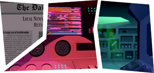 Agent of Veil: Newspaper headline, glitchy monitor, and shelves with gadgets in a dim room.