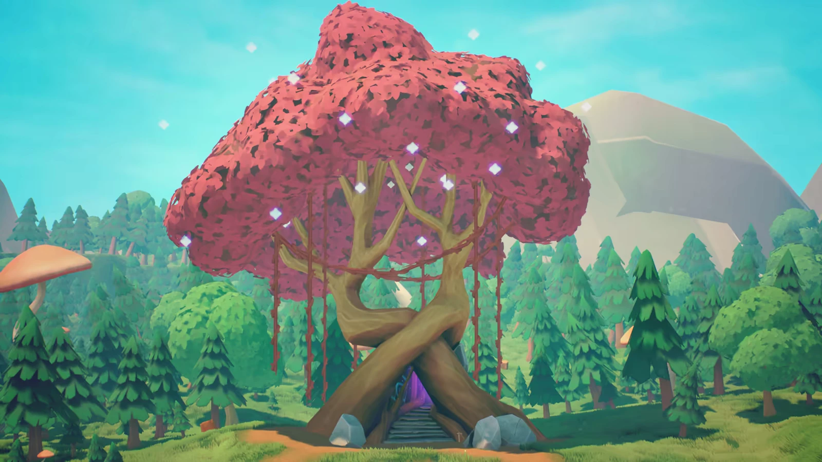 Tree Sanctuary – Ages of Cataria Ages of Cataria: A large pink tree with a twisted trunk, glowing crystals, and a forest backdrop.