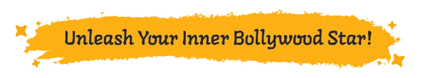 Aikyam: Text reads "Unleash Your Inner Bollywood Star!" in bold, dark font on a yellow brushstroke.