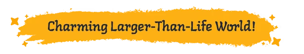 Aikyam: Text "Charming Larger-Than-Life World!" in bold, dark font on a yellow paint splash.