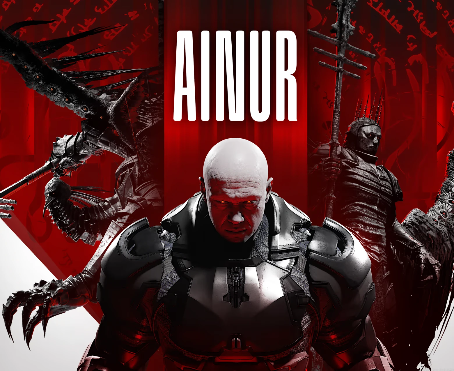 AINUR: White AINUR title over bald armored man, red background with warriors and weapons.