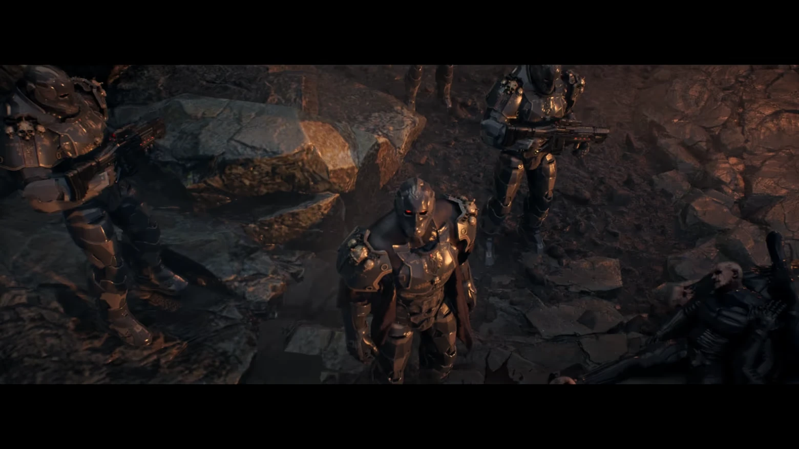 Armored Squad Standoff – AINUR AINUR: Three armored soldiers with rifles stand on rocky ground beside bodies.